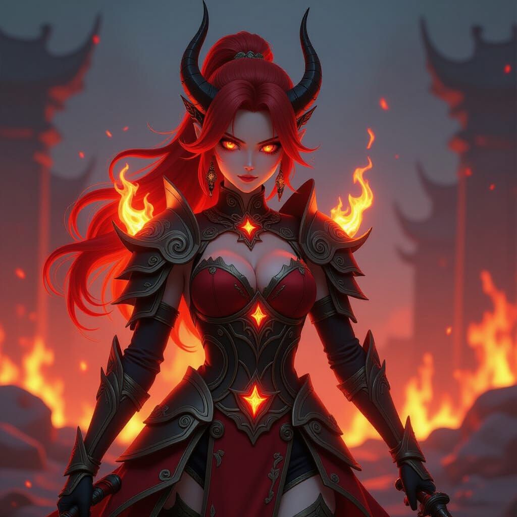 Demon Princess in Fiery Armor, 3D Anime Art