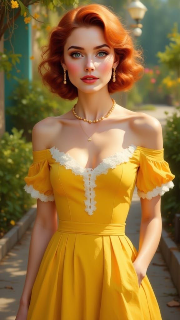 Glamorous Jewish Woman in 1950s Yellow Dress