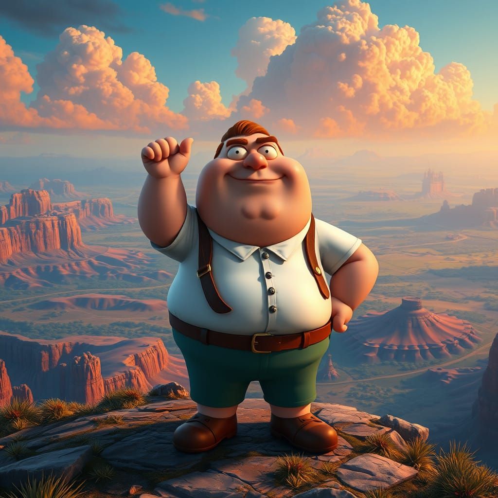 Heroic Peter Griffin in Vibrant Fantasy Landscape