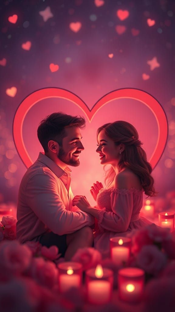 Dreamy Couple in a Glowing Heart Under Starry Skies