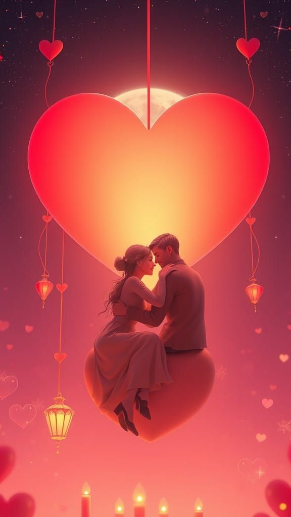 Magical Couple Sits Together Within Glowing Heart Under Star...