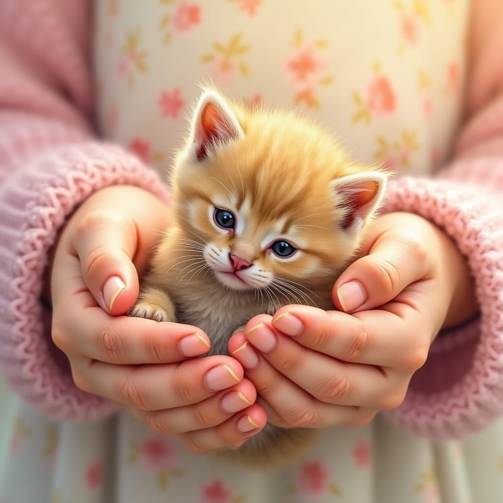 Cradling Baby Kitten in Pastel Pink, Whimsical Art