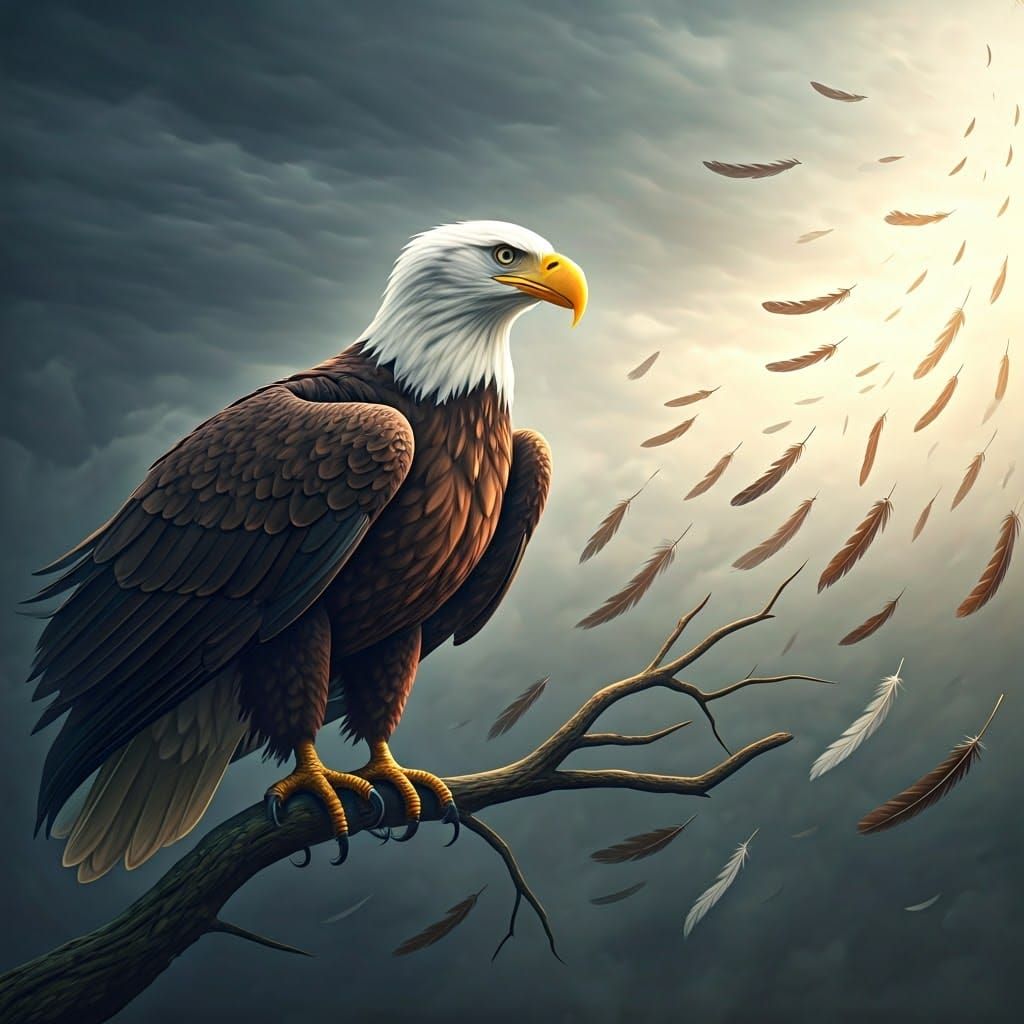 Surrealistic, dynamic,the trees bend in the wind. A medium shot of an eagle sitting on a branch without feathers, the ea...
