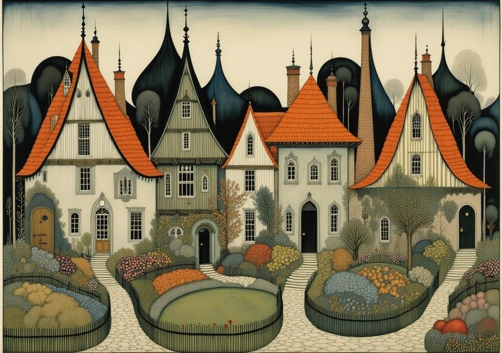 Charming Dutch Houses in Evening Light, Illustrated Style