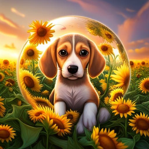 Cute Puppy in Glass Sphere, 3D Digital Art
