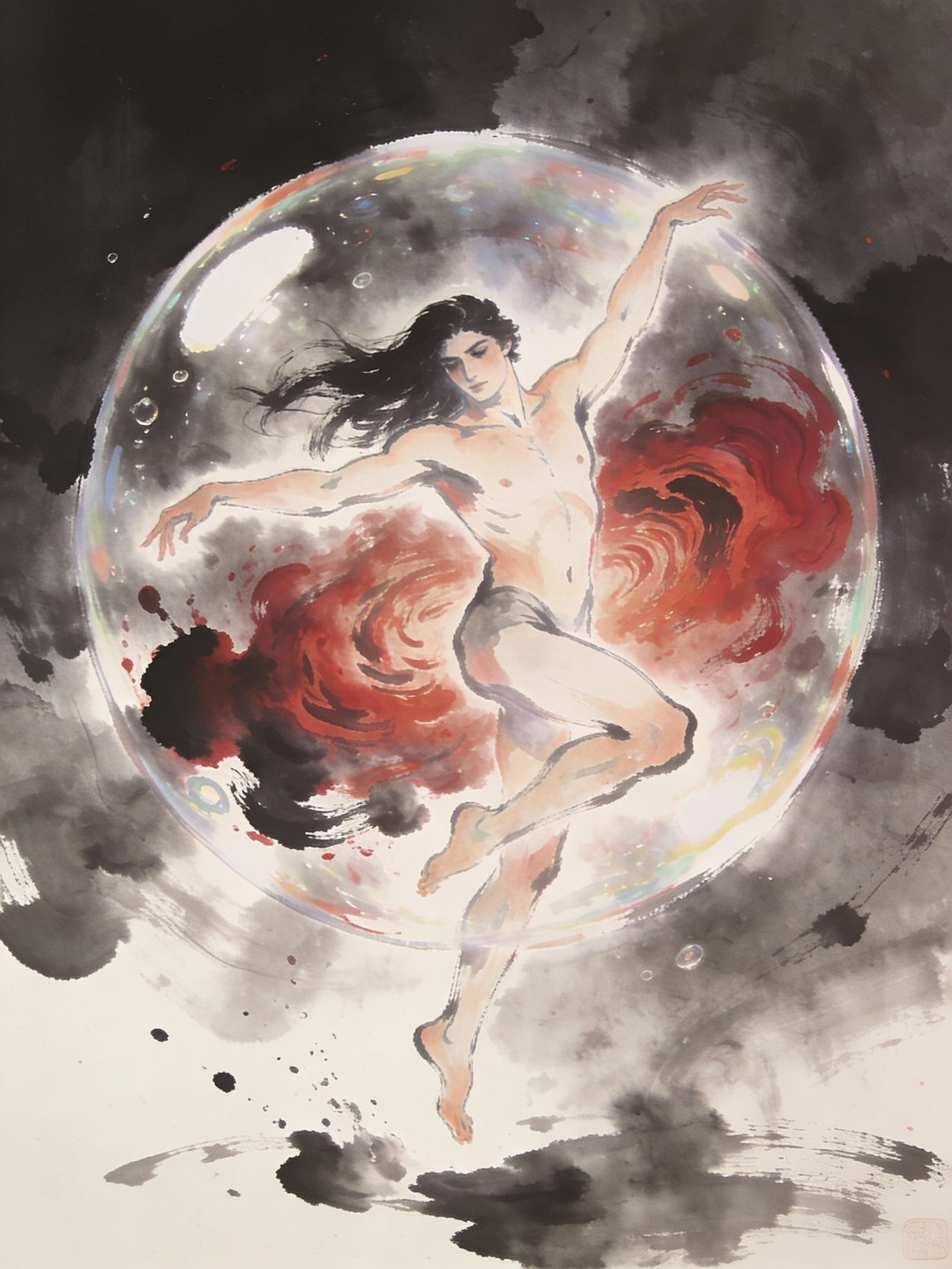 Androgynous Figure Dancing in Crimson Tempest Maelstrom