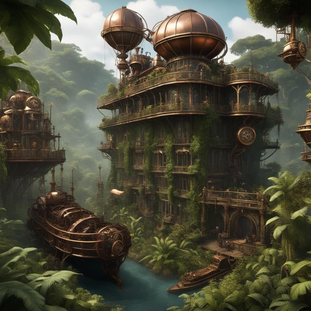 Steampunk Jungle Expedition with Airships and Mechanical Bea...