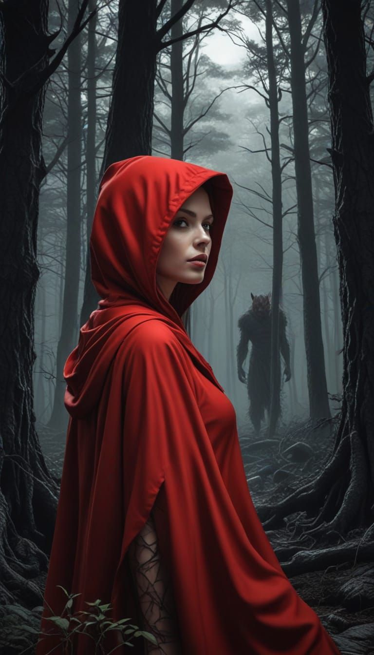 Redhead in Cloak Pursued by Werewolf in Dark Forest