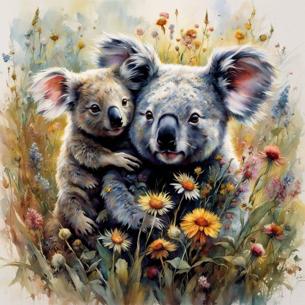 Koala and Wombat in Wildflower Field at Night