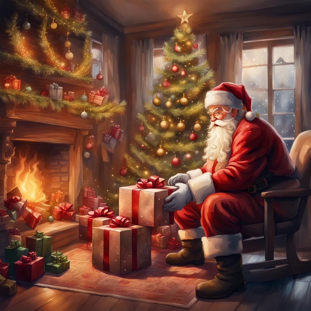Santa Delivering Presents: Digital Watercolor Illustration