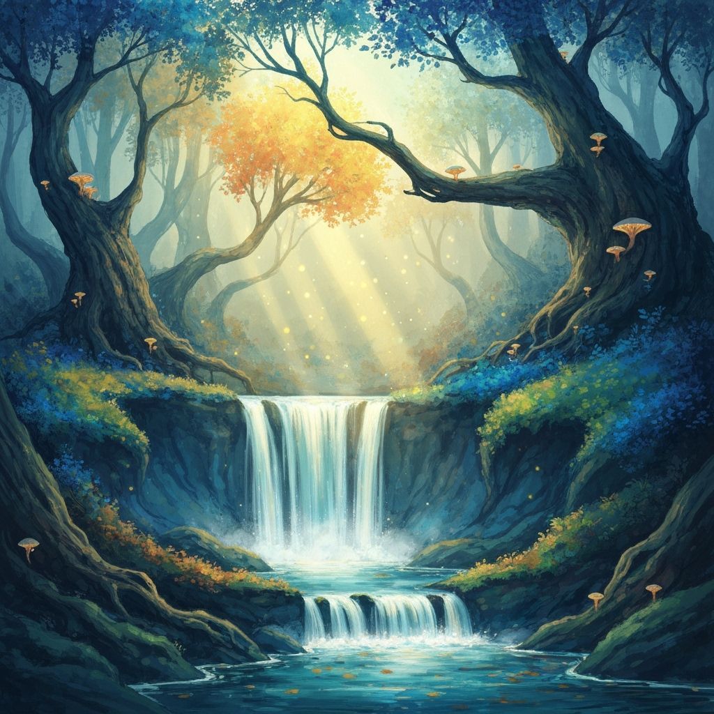 Glowing Waterfall in Enchanted Autumn Forest