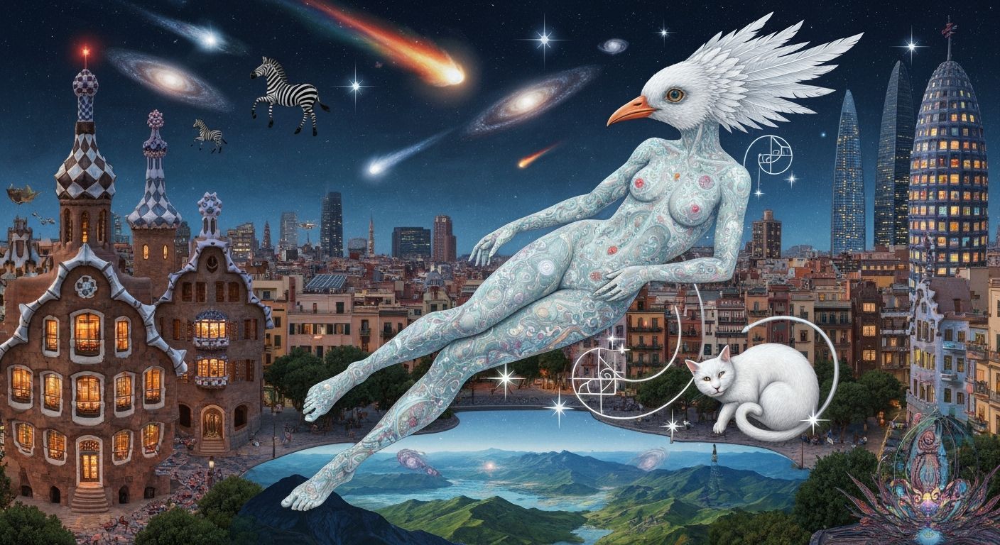 Bioluminescent Figure Above Whimsical Gaudí Cityscape