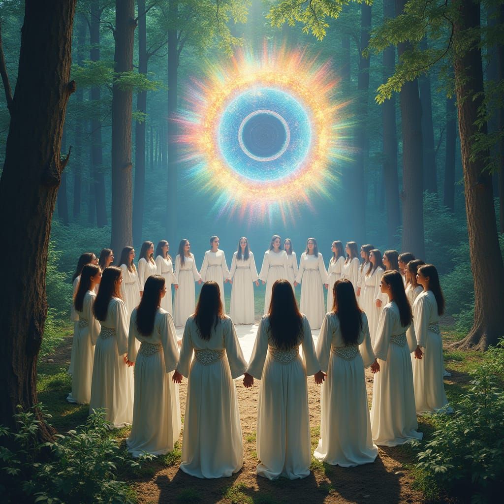 Interconnected Figures Gaze at Iridescent Dimensional Gate i...