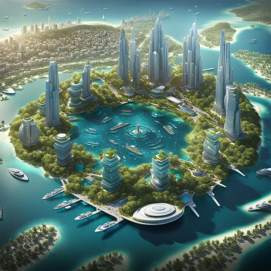 Futuristic Island Marina: Cyberpunk Atlantis Concept Art