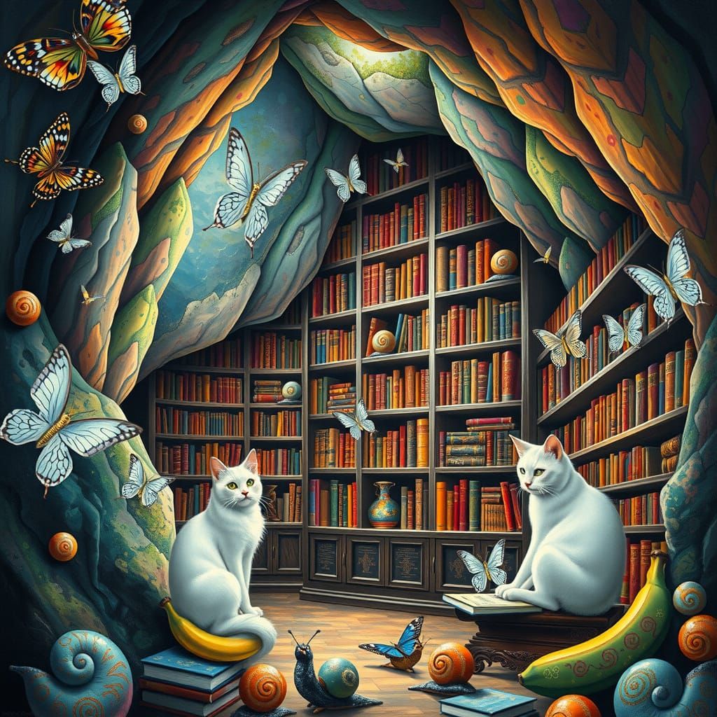 Enchanted Library of Whimsy in Vibrant Cave