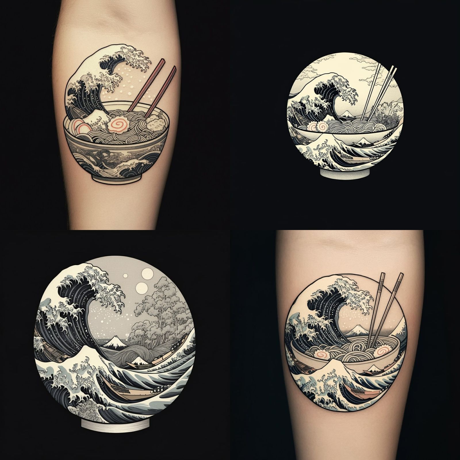 Ramen Tattoo Design with Kanagawa Wave, Minimalist Style