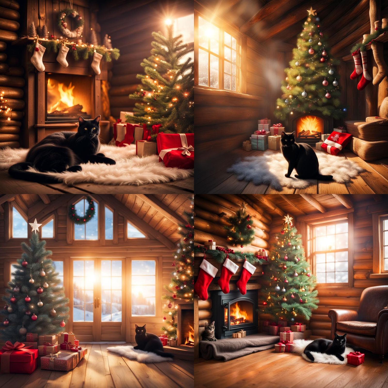 Cozy Christmas Cabin Scene with Sleeping Cat