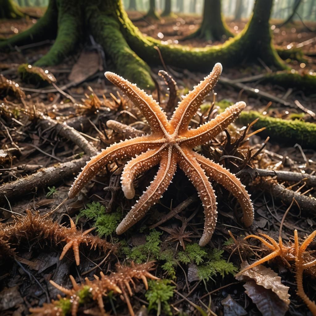 Macro Photo of Starfish Fungus on Forest Floor