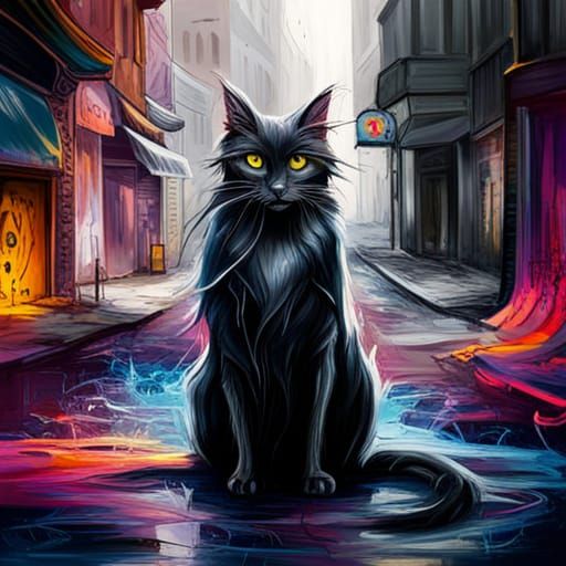 Black Witch Cat in Graffiti Splash Art Style