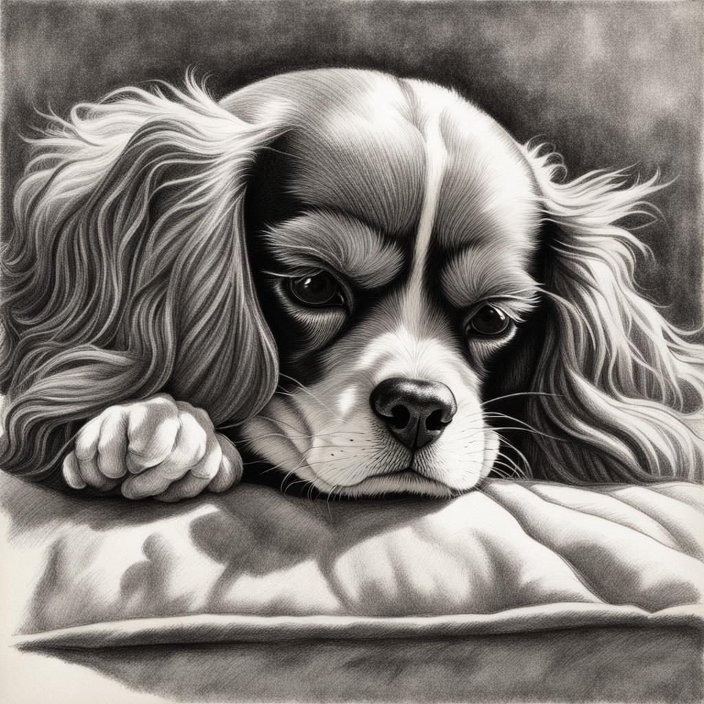 Cavalier King Charles Spaniel in Charcoal Drawing