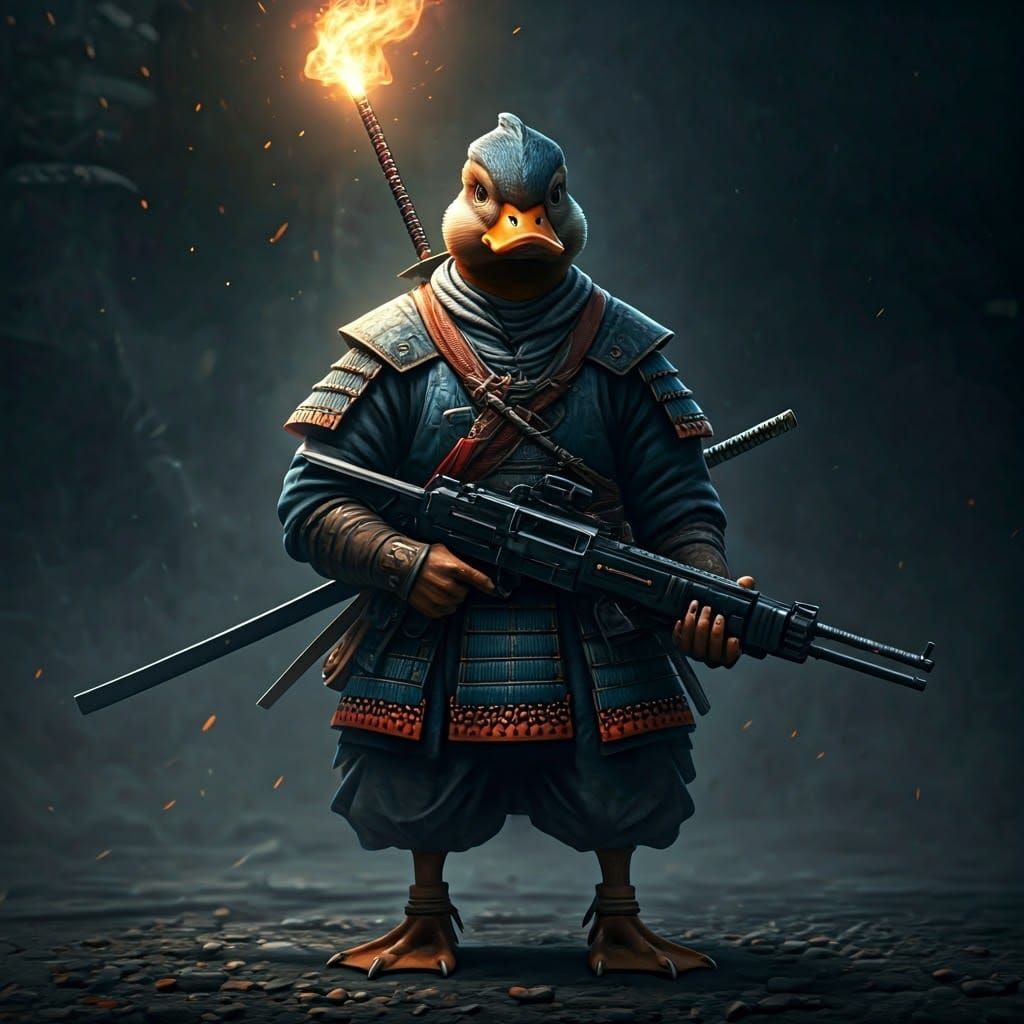 Hyper Realistic Duck Samurai in Epic Battlefield