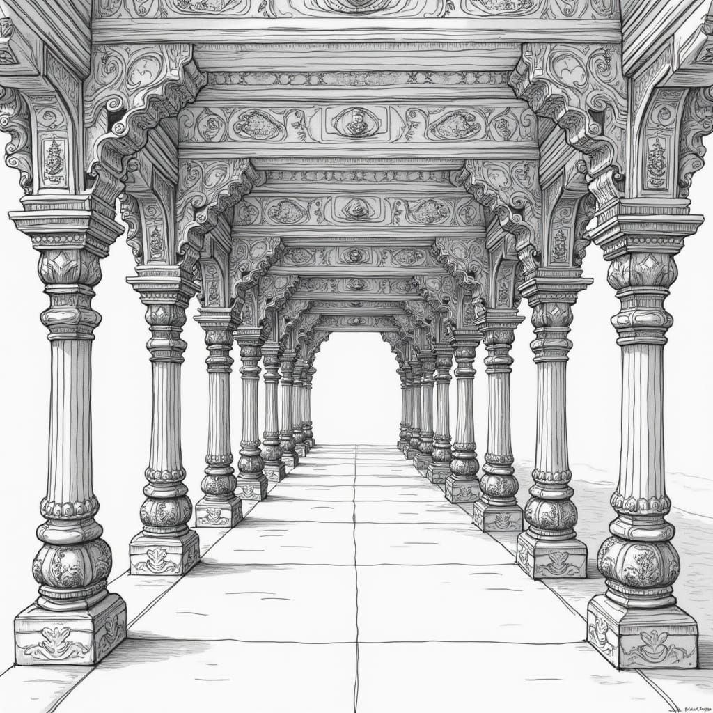 South Indian Temple Architecture in Line Drawing