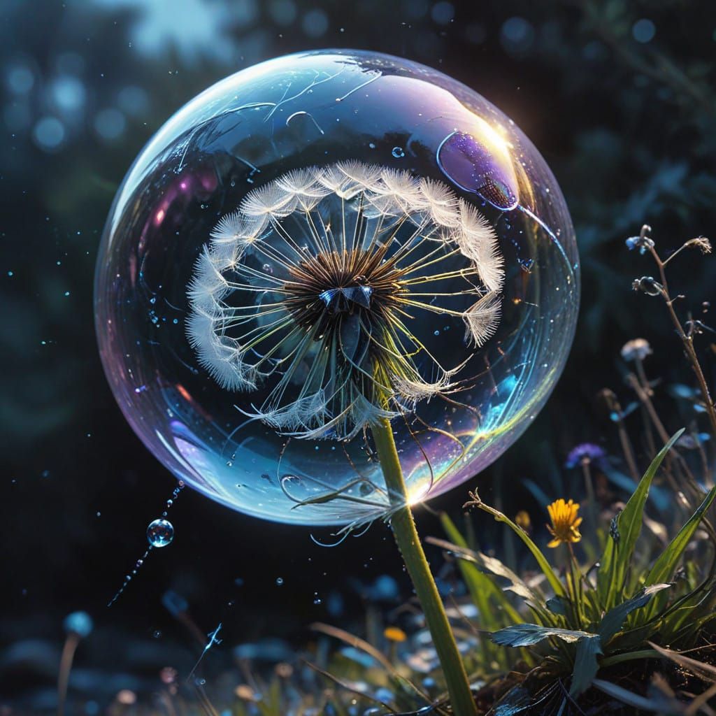 Delicate Soap Bubble Encloses a Dandelion in Ethereal Night ...