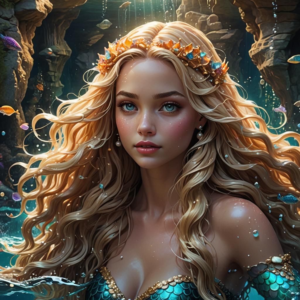 Beautiful Mermaid in Grotto: Detailed Digital Art