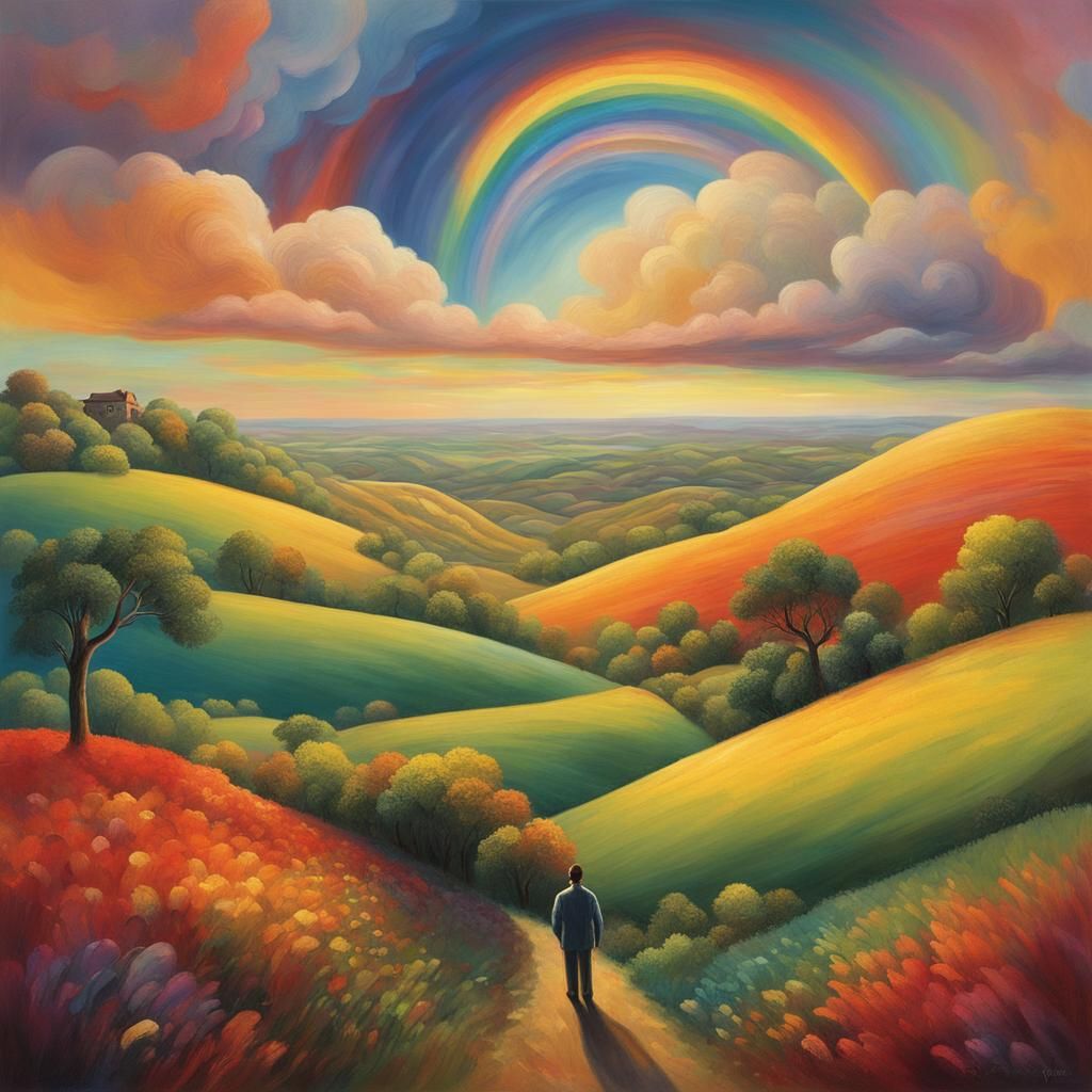 Dreamlike Surrealist Landscape with Rainbow in Primitivism S...