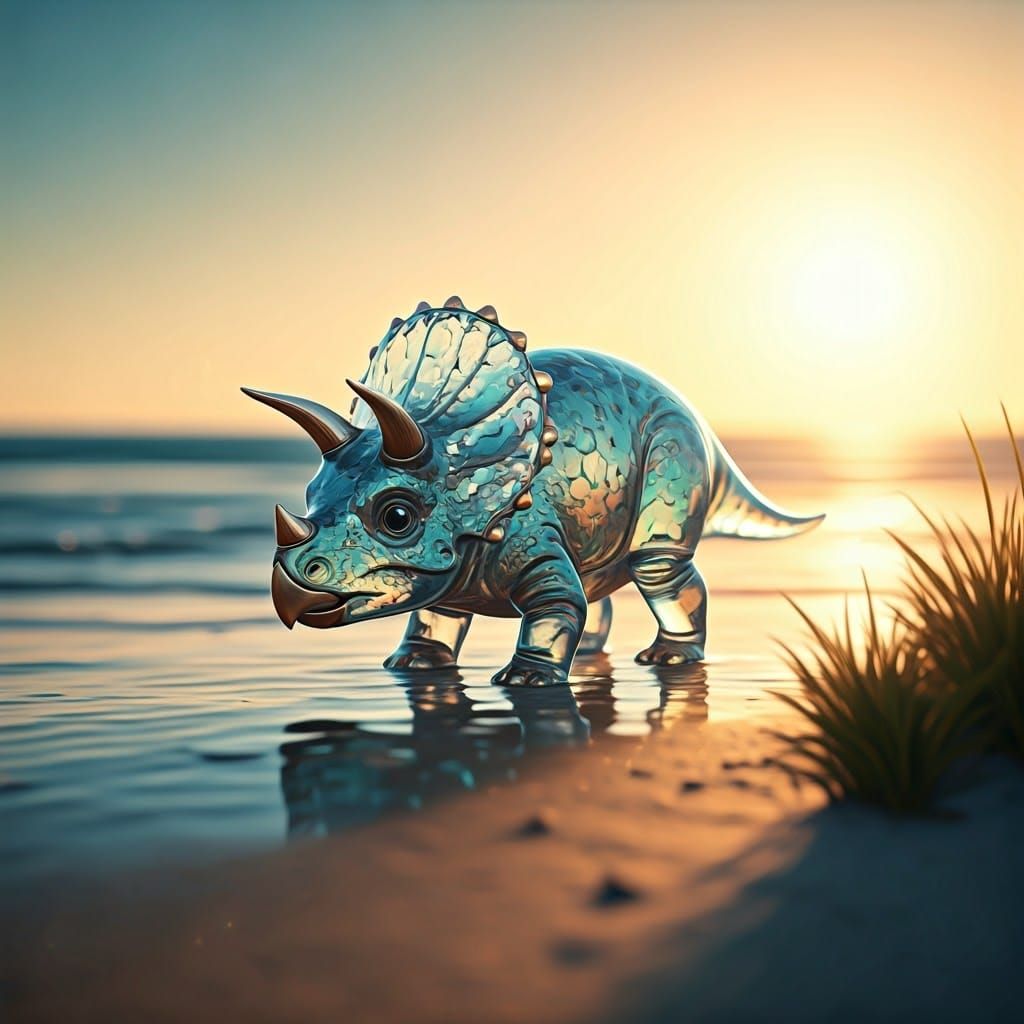 Glass Triceratops on Beach: 3D Digital Art