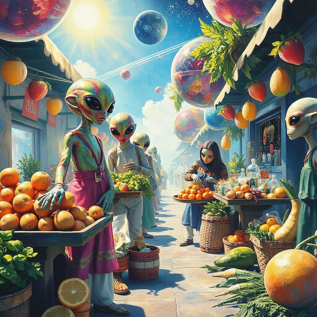 Lush Intergalactic Bazaar with Iridescent Aliens in Gouache