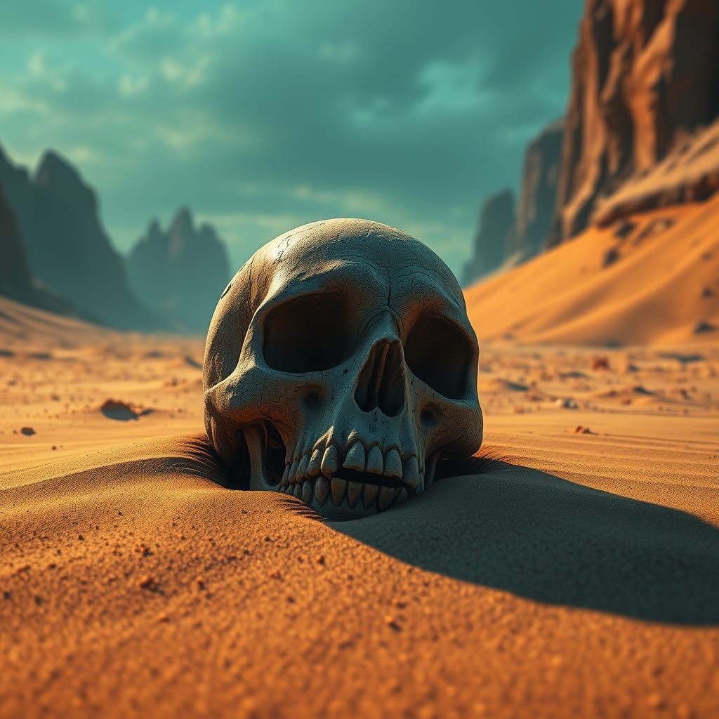 Apocalyptic Dunes Confront Weathered Skull