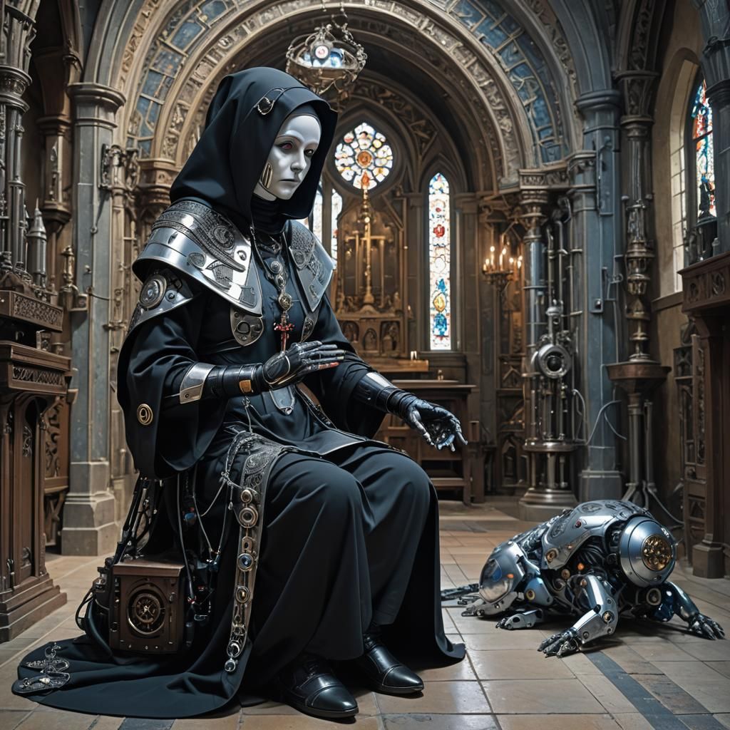 Cyborg Nun Praying in Cyberpunk Chapel