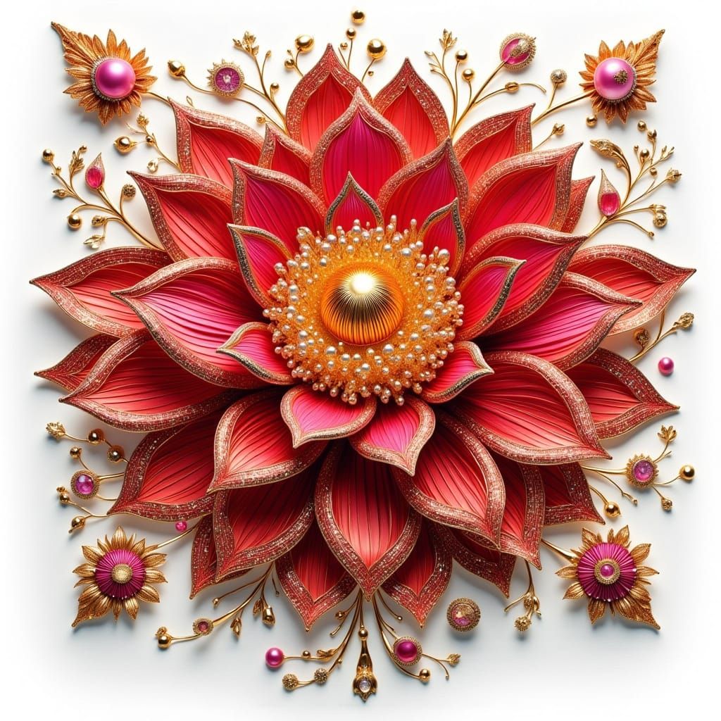 Red and Magenta Lotus Flowers with Gold Bead Embroidery
