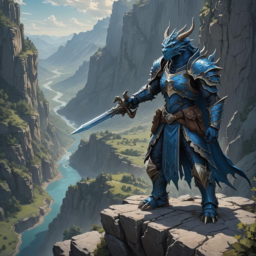 Blue Dragonborn Warrior Overlooking Arid Valley