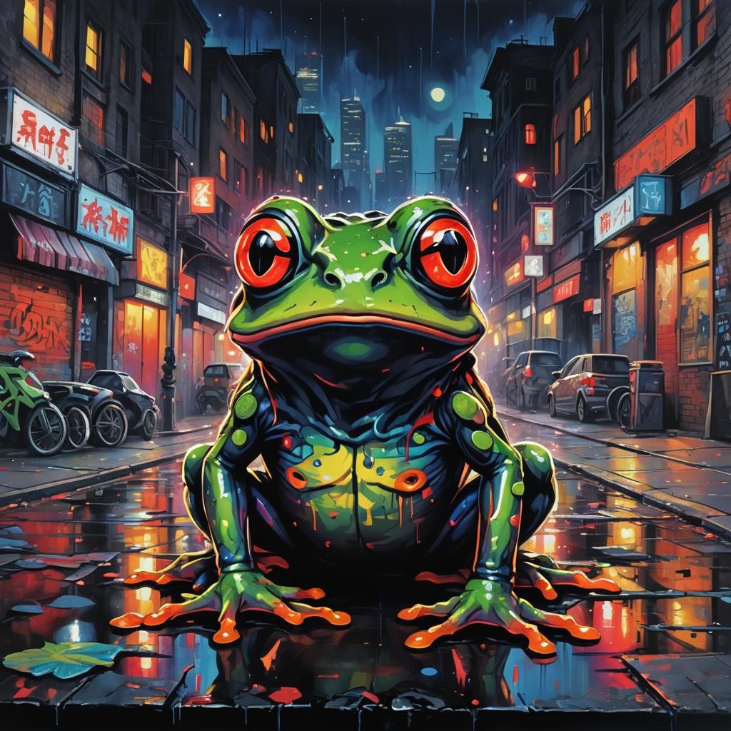 Dark Fantasy Frog in Neon Cityscape