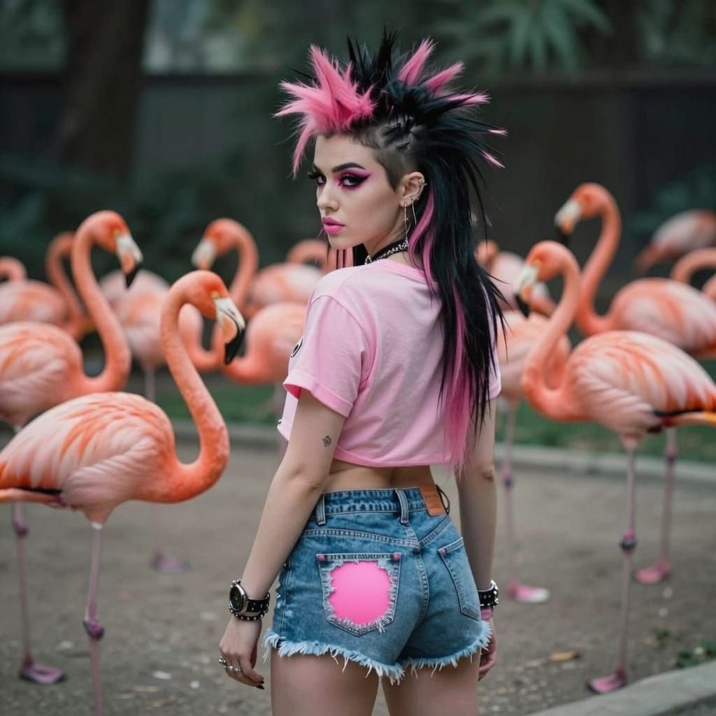 Punk Woman with Pink Hair at LA Zoo with Flamingos