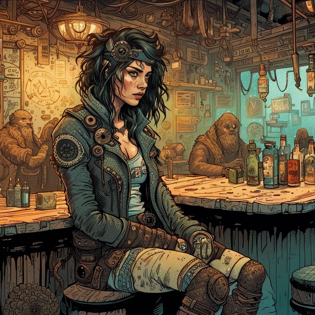 Biker Woman in Post-Apocalyptic Bar: Hyperrealistic Art