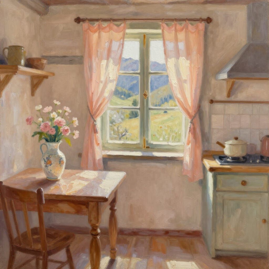 Cozy Rustic Cabin Kitchen in Pastel Watercolor Oils