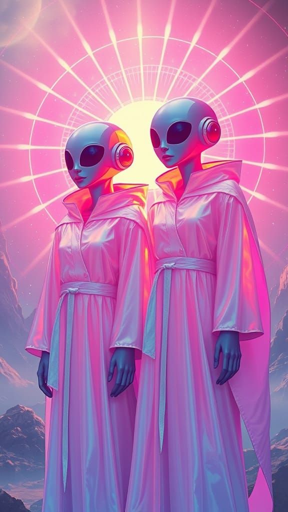 Ethereal Extraterrestrial Twins in Dreamlike Landscape