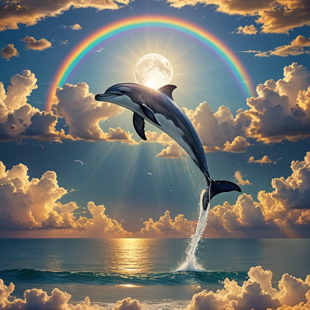 Sunset Dolphin with Rainbow and Heavenly Light