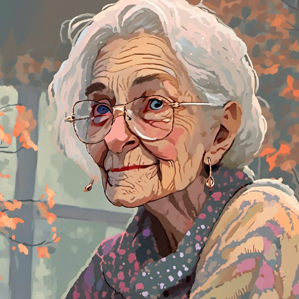 Kind Old Woman in Winter Living Room, Klimt Style