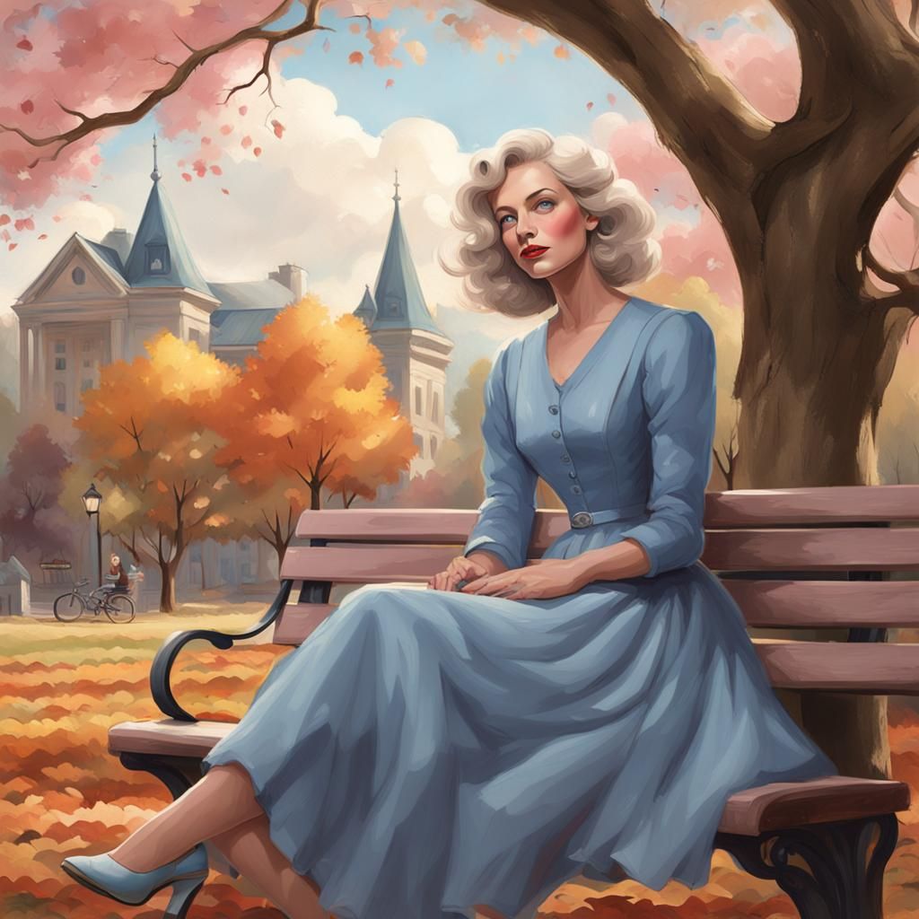 Woman in Blue Dress in Autumn Park, Detailed Portrait