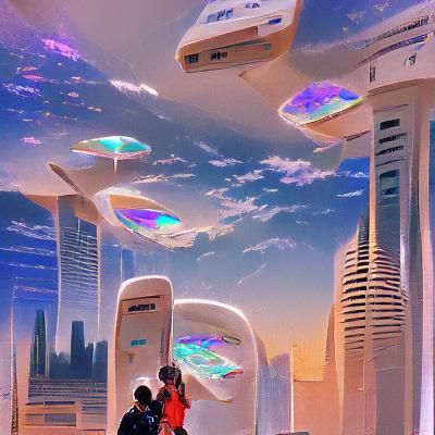 Futuristic Cityscape with Flying Vehicles