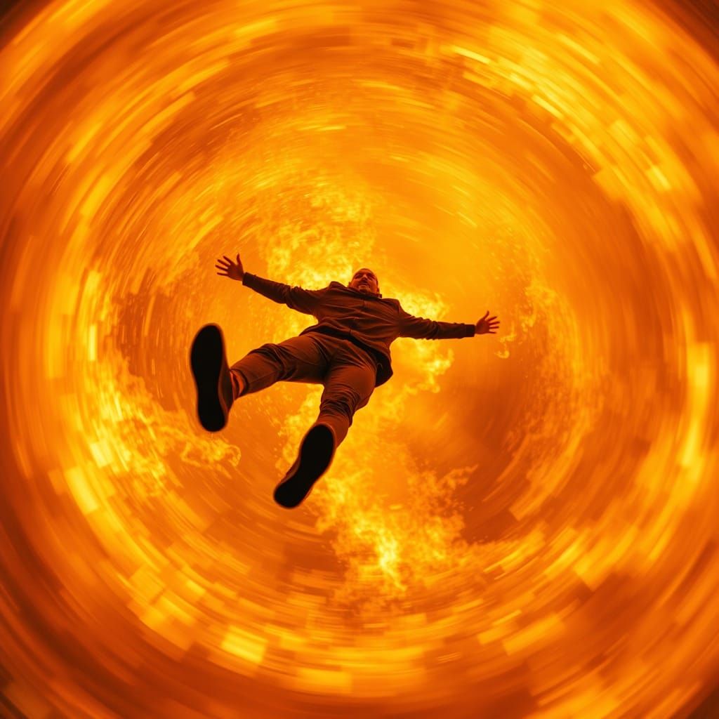 Figure Descending Through Burning Fire Vortex
