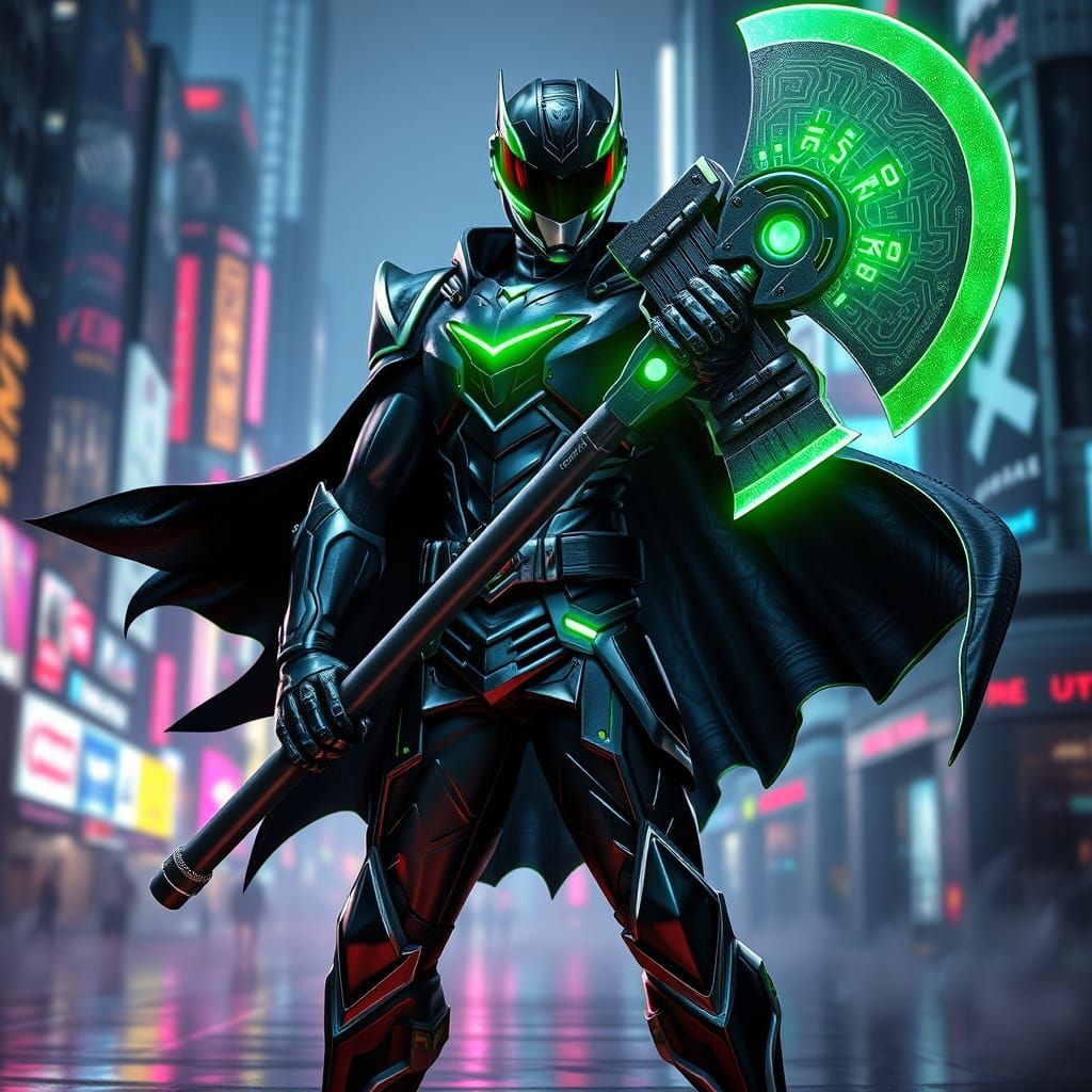 Heroic Psycho Ranger Wields Futuristic Axe in Neon-Lit Citys...