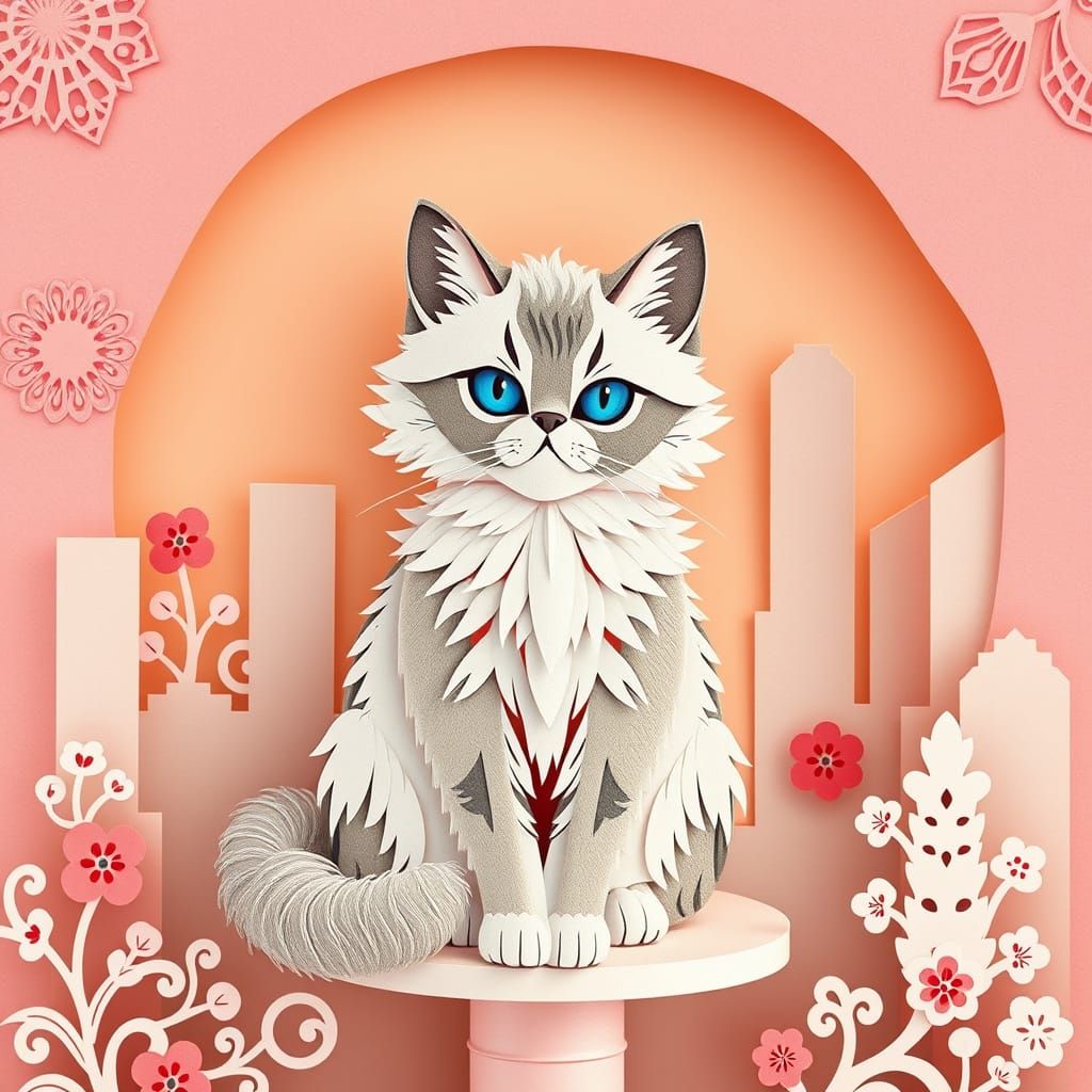 Papercut Cat on Cat Tree in Paper Art Style