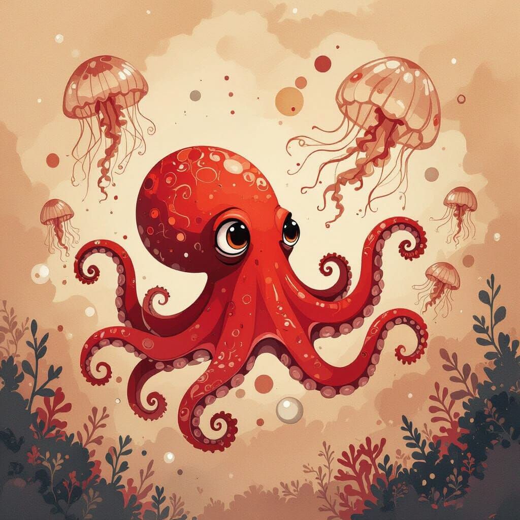 Whimsical Octopus Swimming in Ink Splatters