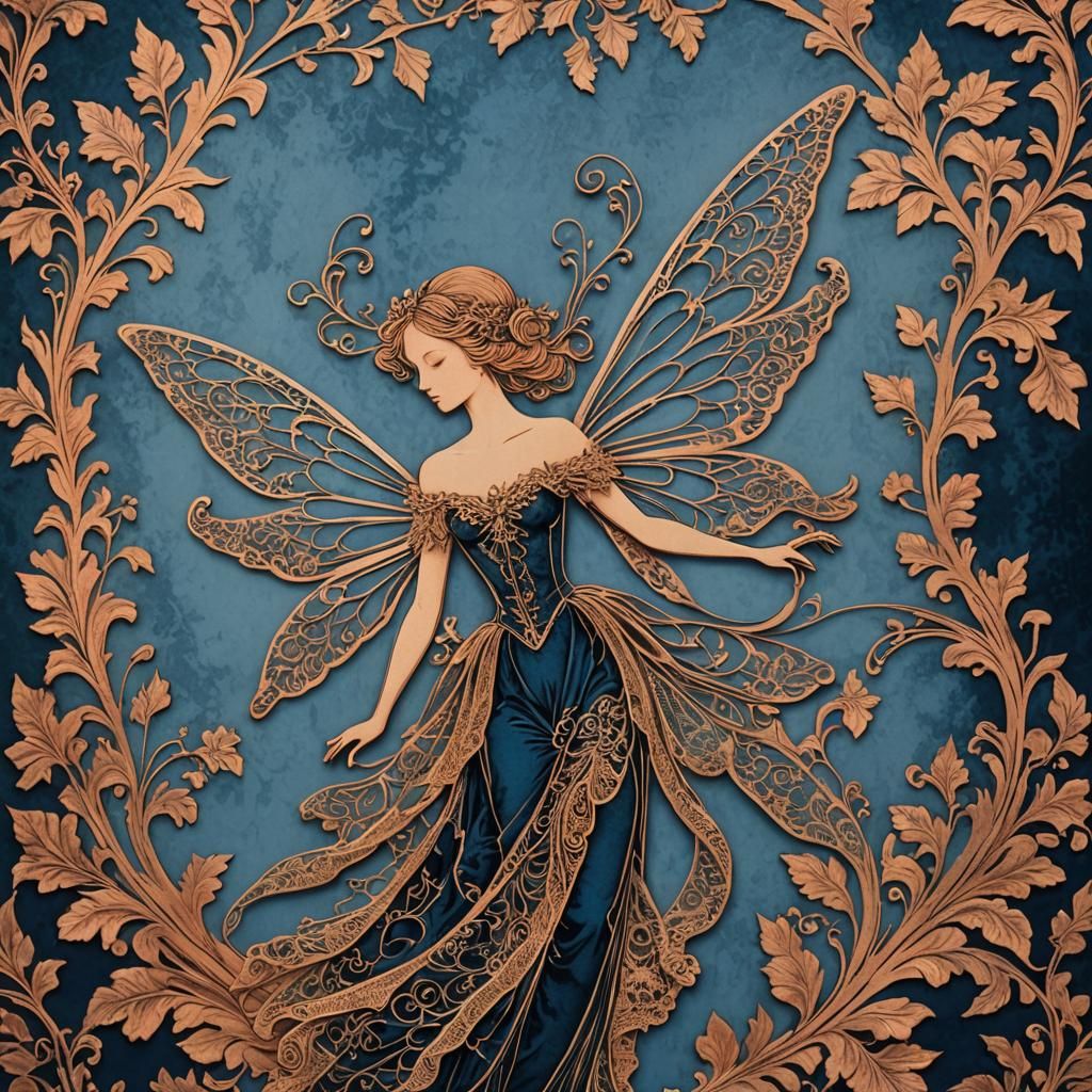 Rose Gold Fairy Silhouette Against Blue Velvet
