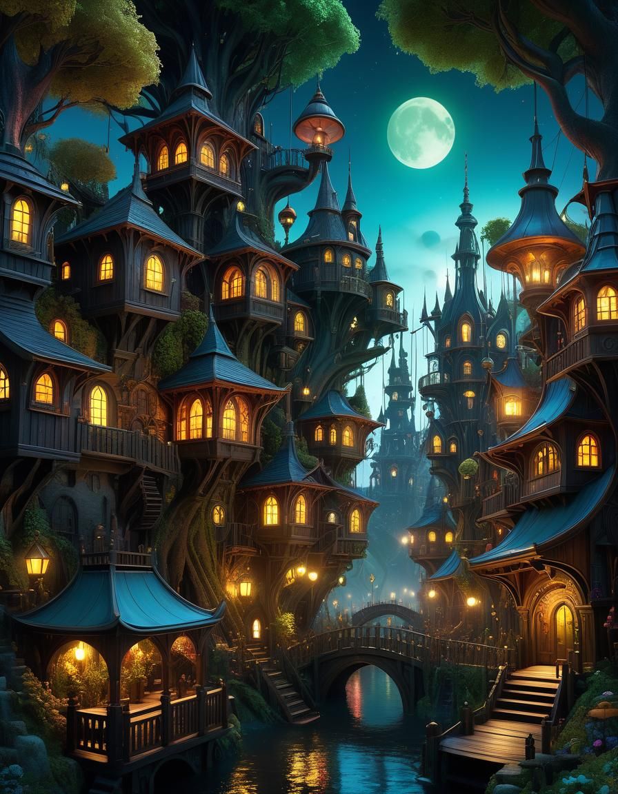 Goblincore Steampunk Village in Mystical Wood